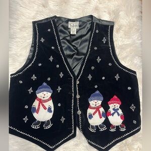 TanTrums Womens Vest Winter Snowman Snowflake Snow Embroidered Size L Black